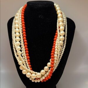 Elegant Pearl and Red Bead Necklace
